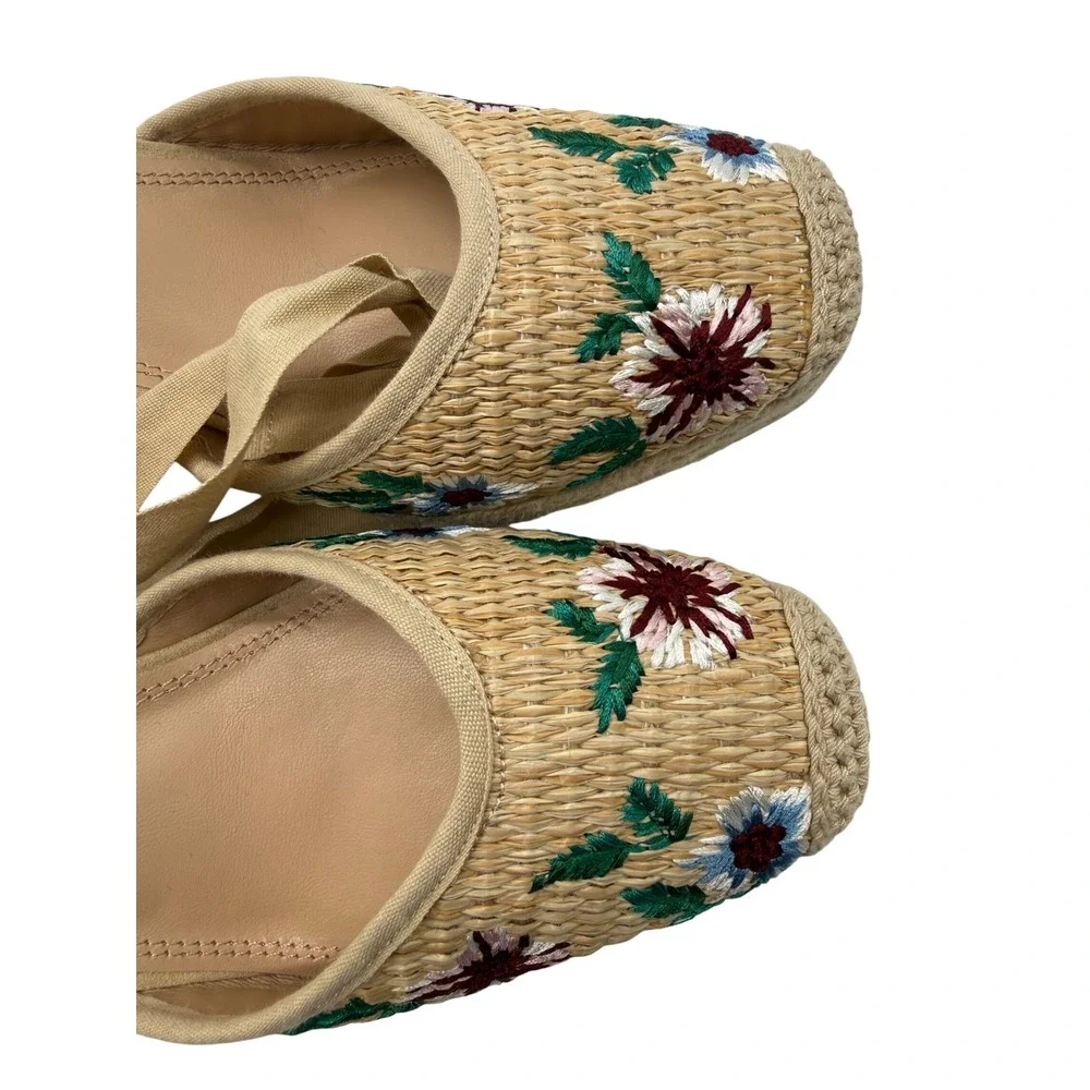 Steve Madden Vero Espadrille Wedges Womens 8.5M Tan New Floral Embroidery
